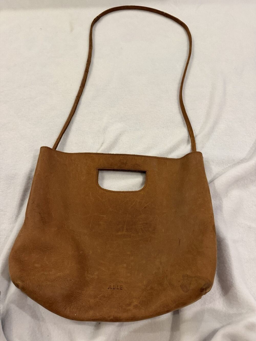 ABLE Leather Cutout Handle Shoulder Bag Cognac Brown Distressed Crossbody Purse
